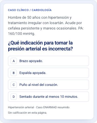 Caso clínico de hipertensión con su pregunta y cuatro opciones
