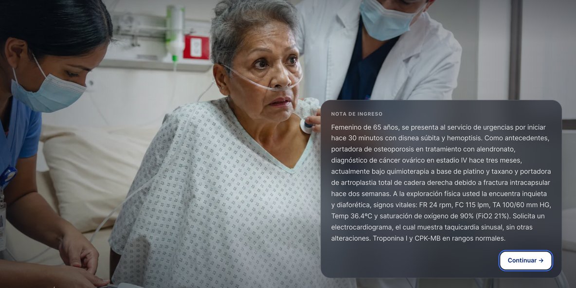 Paciente en urgencias, inicio de un caso interactivo de tromboembolia pulmonar.